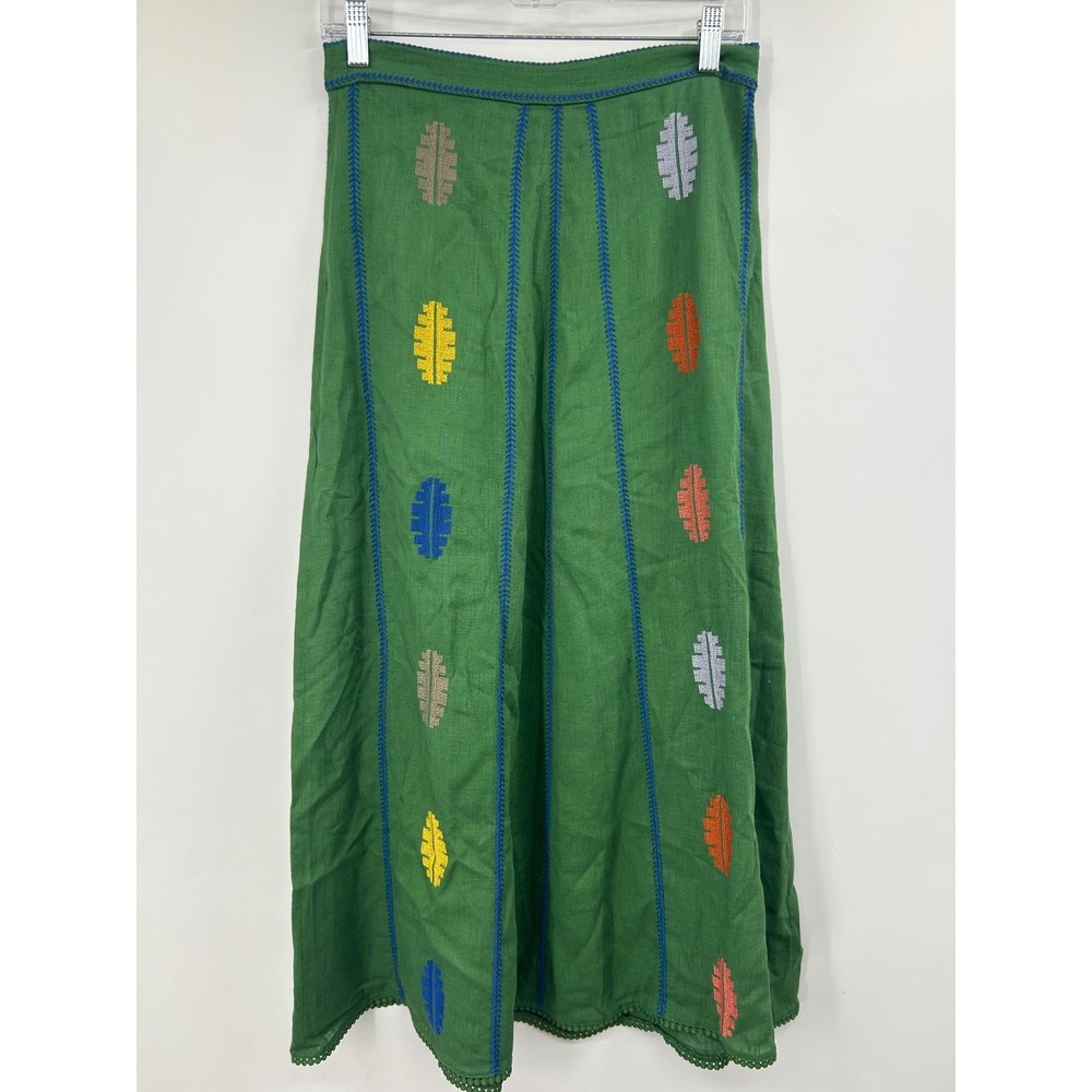 Zara Green Embroidered Linen Blend Midi Skirt Boho High Waist Small